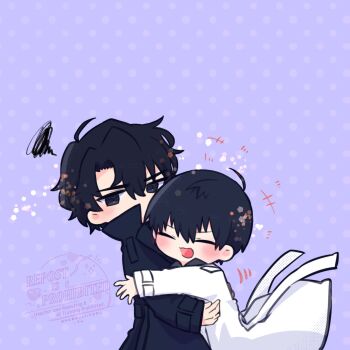 2boys ahoge arm_around_waist black_coat black_hair black_shirt blush closed_eyes coat collared_shirt commentary cowboy_shot double-parted_bangs english_commentary grin hair_between_eyes highres hug kim_dokja kimidori_22 male_focus motion_lines multiple_boys omniscient_reader&#039;s_viewpoint open_clothes open_coat popped_collar shirt short_hair smile squiggle white_coat yoo_joonghyuk