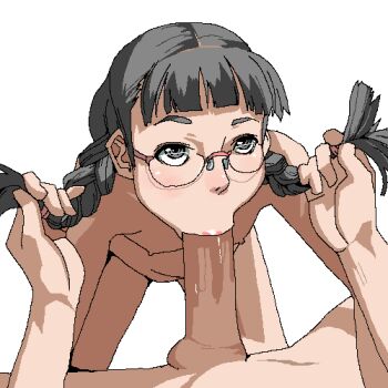 Rule 34 | 1boy, 1girl, :>=, aliasing, black eyes, black hair, blunt bangs, braid, character request, chiisan, fellatio, flat chest, glasses, grabbing another's hair, grabbing another's twintails, hetero, holding another's hair, long hair, lowres, male hand, nude, oekaki, oral, penis, simple background, twin braids, uncensored, white background