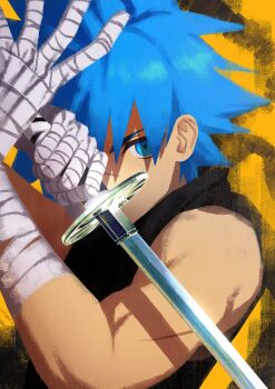 Rule 34 | 1boy, absurdres, bandaged arm, bandages, black star, blue eyes, blue hair, commentary, highres, holding, holding sword, holding weapon, male focus, piyo main, portrait, scar, shirt, short hair, sleeveless, sleeveless shirt, soul eater, spiked hair, sword, untranslatable commentary, weapon, yellow background