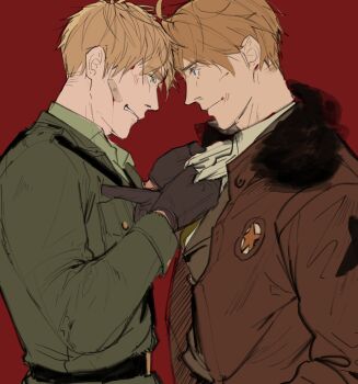 2boys ahoge america_(hetalia) axis_powers_hetalia bandaid bandaid_on_face belt black_belt black_necktie blonde_hair blood blood_on_face breast_pocket brown_gloves brown_hair brown_jacket buttons closed_mouth clothes_grab collared_shirt commentary english_commentary fur-trimmed_jacket fur_trim gloves green_eyes green_jacket green_necktie green_shirt hair_between_eyes hands_up highres injury jacket lapels long_sleeves looking_at_another male_focus military military_jacket military_uniform multiple_boys necktie open_clothes open_jacket pocket puffy_long_sleeves puffy_sleeves red_background shirt short_hair simple_background smile star_(symbol) star_print teeth united_kingdom_(hetalia) upper_body v-shaped_eyebrows white_shirt zhongerweiyuan
