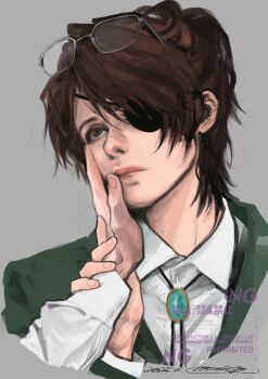 2others androgynous bolo_tie brown_eyes brown_hair closed_mouth collared_shirt dated eyepatch eyewear_on_head green_jacket grey_background hair_between_eyes hand_on_another's_cheek hand_on_another's_face hange_zoe highres holding_another's_wrist jacket looking_at_another medium_hair multiple_others parted_bangs ponytail popsweetyio shingeki_no_kyojin shirt signature upper_body white_shirt