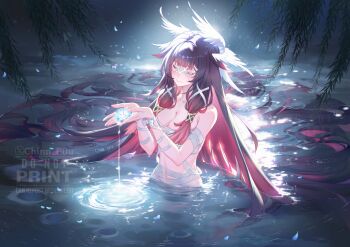 1girl absurdly_long_hair absurdres breasts chinnpou cleavage closed_eyes closed_mouth collarbone colored_inner_hair columbina_(genshin_impact) commentary eye_mask flower genshin_impact hair_ornament hands_up hashtag-only_commentary highres holding holding_flower long_hair loose_bandages mask medium_breasts multicolored_hair partially_submerged purple_hair solo very_long_hair watermark wing_hair_ornament