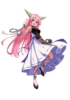 1girl absurdres ball_and_chain_restraint black_shoes black_tabard breasts chain commentary_request cuffs full_body highres hiyaya_(kochi_michikaze) horns ibaraki_douji_(touhou) ibaraki_kasen leg_up long_hair looking_at_viewer oni open_mouth pink_eyes pink_hair ribbon-trimmed_skirt ribbon_trim shackles shirt shoes skirt sleeveless sleeveless_shirt smile solo tabard touhou transparent_background very_long_hair vine_print white_shirt white_skirt
