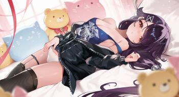1girl azur_lane bare_shoulders black_hair blue_tank_top blush boots breasts cassin_(azur_lane) cassin_(retrofit)_(azur_lane) cat-shaped_pillow cleavage clothes_pull commentary english_commentary from_side hair_ornament hair_over_one_eye hairclip hand_up hanh_chu indoors jacket jacket_pull long_hair looking_at_viewer lying medium_breasts no_bra on_back on_bed orange_eyes panties partially_unbuttoned ponytail purple_hair sleepy solo strap_slip stuffed_animal stuffed_toy tank_top teddy_bear thigh_boots thigh_strap thighs underwear unzipped upshirt very_long_hair white_panties