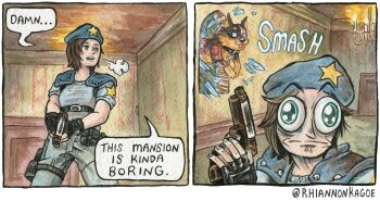 Rule 34 | 1girl, artist name, beret, black gloves, blue eyes, blue hat, blue shirt, brown hair, dog, exposed bone, fingerless gloves, gloves, gun, handgun, hashtag-only commentary, hat, highres, holding, holding gun, holding weapon, jill valentine, resident evil, resident evil 1, rhiannon kagoe, sharp teeth, shirt, shoulder pads, speech bubble, teeth, weapon, window