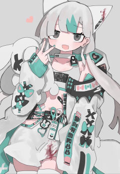 1girl animal_ears bandaid black_bow black_eyes black_outline blood blood_on_clothes bow cat_ears collar collarbone commentary_request crop_top fang green_bow green_hair green_nails green_ribbon heart holding holding_stuffed_toy hood hood_down hooded_jacket jacket lock long_sleeves low_twintails multicolored_hair multicolored_nails navel nukunuku_nigirimeshi open_clothes open_jacket open_mouth original outline pink_nails pocket rabbit ribbon scissors simple_background skirt sleeves_past_wrists solo stuffed_animal stuffed_rabbit stuffed_toy thighhighs twintails two-tone_hair white_background white_collar white_hair white_jacket white_skirt white_thighhighs x_(symbol)