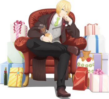 Rule 34 | 1boy, artist request, black pants, blonde hair, blue eyes, brown coat, brown shoes, chair, coat, crossed legs, eizen (tales), formal clothes, frown, full body, game cg, gift, green necktie, grey suit, hand on own chin, highres, holding, looking at viewer, necktie, official alternate costume, official art, pants, shoes, short hair, sitting, solo, suit, tales of (series), tales of asteria, tales of berseria, third-party source, transparent background