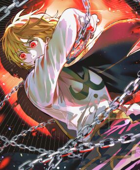 Rule 34 | 1boy, absurdres, androgynous, blonde hair, blue tabard, chain, crystal earrings, earrings, hand chains, highres, hunter x hunter, jewelry, kurapika, male focus, solo, tabard, yuju 8852