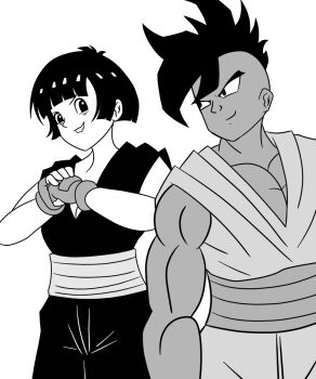 1boy 1girl black_eyes black_hair blush couple dark-skinned_male dark_skin dougi dragon_ball grown_up happy highres monochrome muscular muscular_male pan_(dragon_ball) smile uub white_background