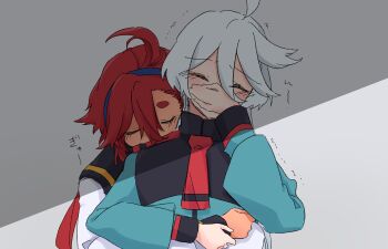 2girls asticassia_school_uniform blue_hairband blue_jacket blush closed_eyes covering_own_mouth gundam gundam_suisei_no_majo hairband hug hug_from_behind jacket koma_(remi_398) long_hair miorine_rembran multiple_girls necktie red_hair red_necktie school_uniform shade suletta_mercury thick_eyebrows trembling upper_body white_hair white_jacket yuri