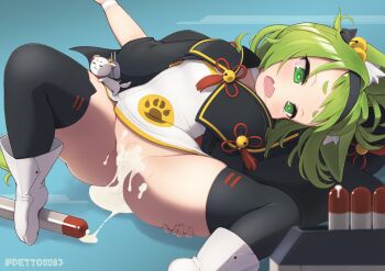 1girl after_vaginal aftersex animal_ear_fluff animal_ears artificial_insemination azur_lane bell black_hairband black_thighhighs blue_background cum cum_in_pussy deto dress fang female_focus green_eyes green_hair hairband hand_on_own_thigh highres injection isokaze_(azur_lane) jingle_bell loli long_hair looking_at_viewer lying on_back open_mouth paw_print pussy short_dress solo sweat tears thighhighs thighs torpedo uncensored white_dress white_footwear