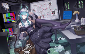 1girl :o absurdres arknights arknights:_endfield bare_shoulders belt_pouch black_dress black_gloves black_pantyhose black_veil blue_eyes bracelet breasts character_name chen_qianyu_(arknights) chinese_commentary commentary_request computer dragon_horns dragon_tail dress facial_mark feet_on_table forehead_mark frilled_sleeves frills full_body gloves green_hair green_horns green_tail highres horns indoors jewelry laptop long_hair long_sleeves looking_at_viewer marking_on_cheek medium_breasts multicolored_eyes pantyhose parted_bangs pearl_bracelet pointy_ears pouch reclining single_glove solo tail two-tone_eyes veil whiteboard wide_sleeves wuren xaihi_(arknights) yellow_eyes