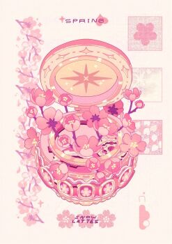 artist_name border branch cherry_blossom_background cherry_blossoms commentary compass_rose english_commentary english_text flower flower_focus gears halftone highres inset monochrome music_box no_humans object_focus original petals pink_border pink_flower pink_theme simple_background snowlattes sparkle spring_(season) white_background