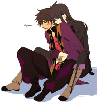 00s 2boys bad_id bad_pixiv_id black_eyes black_hair boots bracelet grey_footwear hug jewelry knee_boots long_hair male_focus multiple_boys ponytail raven_(tales) shiyu.jyoukou smile tales_of_(series) tales_of_vesperia yuri_lowell