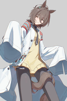 Rule 34 | 1girl, absurdres, agnes tachyon (tach-nology) (umamusume), agnes tachyon (umamusume), ahoge, animal ears, black necktie, black pantyhose, blush, brown hair, chemical structure, closed mouth, coat, commentary, cork, earrings, english commentary, fuse gomame, hair between eyes, highres, horse ears, horse girl, horse tail, jewelry, lab coat, long sleeves, looking at viewer, necktie, pantyhose, red eyes, shirt, short hair, short necktie, simple background, single earring, sleeves past fingers, sleeves past wrists, smile, solo, sweater, sweater vest, tail, test tube, umamusume, white coat, wolf cut, yellow sweater, yellow sweater vest