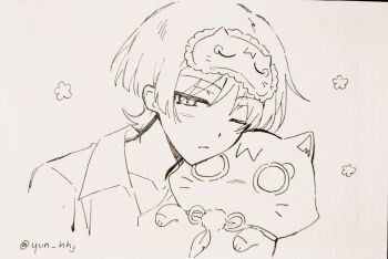 Rule 34 | 1boy, blunt ends, closed mouth, collarbone, cropped torso, eye mask, genshin impact, grey background, highres, holding, holding stuffed toy, looking at viewer, male focus, mask, mask on head, one eye closed, open collar, pen (medium), photo (medium), scaramouche (cat) (genshin impact), scaramouche (genshin impact), shirt, sleep mask, solo, stuffed animal, stuffed toy, traditional media, tsurime, twitter username, wispy bangs, yunhhj