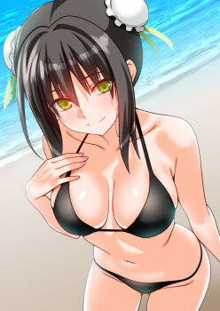 1girl bare_arms bare_legs bare_shoulders beach bikini black_bikini black_hair blush breasts bun_cover collarbone commission cowboy_shot double_bun engo_(aquawatery) fate/grand_order fate_(series) green_eyes green_ribbon hair_between_eyes hair_bun hand_on_own_chest large_breasts leaning_forward looking_at_viewer navel ocean outdoors pixiv_commission qin_liangyu_(fate) ribbon sidelocks smile solo standing sweat swimsuit