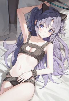 1girl animal_ear_hairband animal_ears black_bra black_panties blue_archive blue_eyes blush bra breasts cat_cutout cat_ear_hairband cat_ears cat_lingerie cleavage clothing_cutout collarbone commentary_request fake_animal_ears hairband head_on_pillow highres looking_at_viewer lying on_back on_bed panties pillow purple_hair solo suumon two_side_up underwear yuuka_(blue_archive)