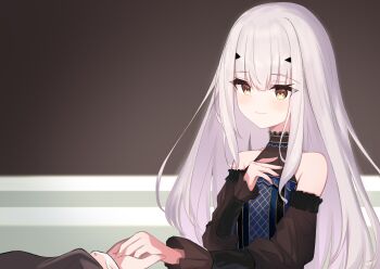 1boy 1girl bare_shoulders blue_dress brown_eyes brown_sleeves closed_mouth commentary_request dress fate/grand_order fate_(series) frilled_dress frills grey_hair hair_between_eyes hand_up highres indoors long_hair long_sleeves looking_at_viewer melusine_(fate) puffy_long_sleeves puffy_sleeves riya_(01214) smile upper_body very_long_hair