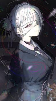 1girl black_background black_choker black_jacket black_necktie blush breasts choker closed_mouth collared_shirt commentary earclip earrings eyepatch hair_bun hair_ornament hair_ribbon hairclip heart heart_in_eye highres jacket jewelry large_breasts long_sleeves looking_at_viewer necktie nijisanji o-ring_necktie one_eye_covered pale_skin pink_eyes pink_hair pink_ribbon ribbon shiina_yuika shiina_yuika_(14th_costume) shirt smile solo symbol_in_eye virtual_youtuber white_shirt yuma-zusuki