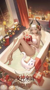 Rule 34 | 1girl, artist request, barefoot, black horns, box, breasts, candle, christmas stocking, christmas tree, cleavage, collarbone, commentary request, copyright logo, food-themed hair ornament, gift, gift box, gingerbread man hair ornament, goddess paradise, grey hair, hair ornament, highres, holding, holding gift, horns, logo, long braid, naked towel, navel, night, open mouth, pointy ears, smile, towel, vritra (goddess paradise), window, yellow eyes