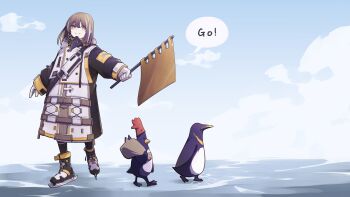 1girl absurdres animal arknights bird bird_mask black_coat black_footwear brown_eyes brown_hair cloud coat commentary day earrings english_text feathers_mcgraw flag full_body gloves highres holding holding_flag ice_skates if_f jewelry long_sleeves magallan_(arknights) mask mask_around_neck multicolored_hair ornament outdoors over_shoulder penguin red_headwear short_hair single_earring skates sky smile snow speech_bubble streaked_hair wallace_&amp;_gromit white_gloves white_hair winter_clothes winter_coat