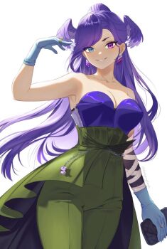 1girl alternate_costume blue_eyes blue_gloves breasts cleavage darkgreyclouds dragon_girl earrings gloves green_pants head_wings heterochromia high-waist_pants jewelry large_breasts long_hair medium_breasts nijisanji nijisanji_en pants purple_eyes purple_hair purple_wings selen_tatsuki smile solo virtual_youtuber wings