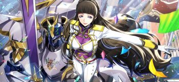 1girl black_hair breasts closed_mouth code_geass code_geass:_lost_stories commentary_request epaulettes f4samurai gloves highres jacket knightmare_frame large_breasts long_hair marianne_vi_britannia mecha military_jacket military_uniform naval_uniform official_art purple_eyes robot smile solo white_gloves