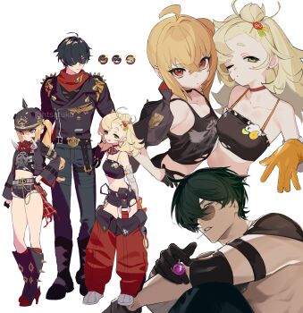1boy 2girls absurdres bare_shoulders black_boots black_gloves black_hair black_jacket blonde_hair boots breasts candy choker closed_mouth commentary crop_top detached_pants detached_sleeves food gloves goggles goggles_around_neck green_eyes green_hair hair_between_eyes hair_ornament helmet high_heel_boots high_heels highres holding holding_candy holding_food holding_lollipop jacket lighter_(zenless_zone_zero) loli lollipop luciana_de_montefio mask mask_around_neck midriff mihoyo multiple_girls multiple_views one_eye_closed orange_gloves pants piper_wheel red_choker red_eyes red_scarf sa_tsuko scarf side_ponytail simple_background small_breasts spiked_jacket standing sunglasses symbol-only_commentary torn_clothes twitter_username white_background zenless_zone_zero