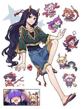 &gt;_&lt; 6+girls anger_vein animal_ears ascot bare_shoulders bear_trap black_hair black_wings blonde_hair blue_dress blue_ribbon blue_shirt blue_shorts blue_skirt blush blush_stickers boots bow brown_boots brown_hair brown_hat brown_horns brown_skirt circlet closed_mouth cowboy_hat detached_sleeves dog_ears dog_tail dragon_horns dragon_tail dress fangs feathered_wings flip-flops flower flower_on_head gohei gourd green_dress green_shirt green_shorts grey_hair hair_bow hair_tubes hakurei_reimu hat holding holding_gohei horn_ornament horn_ribbon horns ibuki_suika japanese_clothes kicchou_yachie kurokoma_saki long_hair low_twintails mitsugashira_enoko monkey_tail multicolored_dress multiple_girls multiple_tails nippaku_zanmu nontraditional_miko oni open_mouth orange_hair pegasus_wings pink_skirt pleated_skirt pointy_ears purple_flower purple_hair purple_horns purple_ribbon re_ghotion red_bow red_eyes red_horns red_skirt red_sleeves ribbon ribbon-trimmed_sleeves ribbon_trim ruyi_jingu_bang sandals sheep_horns shirt short_hair shorts sidelocks simple_background single_horn skirt skull smile son_biten spork tail tenkajin_chiyari touhou toutetsu_yuuma turtle_shell twintails unfinished_dream_of_all_living_ghost white_background wide_sleeves wings yellow_ascot yellow_dress yellow_horns yomotsu_hisami