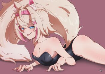 1girl absurdres animal_ear_fluff animal_ears bandage_on_hair bare_shoulders black_hair black_leotard breasts collarbone commentary dog_ears dog_girl dog_tail fake_horns fang fingernails hair_between_eyes hair_intakes hair_ornament hairband highres hololive hololive_english horns leotard long_fingernails lying medium_breasts mococo_abyssgard multicolored_hair nail_polish on_stomach parted_lips pink_background pink_hair pink_hairband pink_nails short_hair simple_background skin_fang smile solo strapless strapless_leotard streaked_hair tail virtual_youtuber x_hair_ornament yioyiot_art