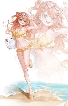 1girl :d absurdres arm_up ball bare_shoulders beach beachball bikini bikini_skirt bow bow_skirt breasts cleavage collarbone ear_piercing earrings eyewear_on_head fang flip-flops frilled_bikini frills full_body green_eyes green_nails groin hair_bow hair_bun hair_ornament hairclip heart heart-shaped_eyewear highres holding holding_ball holding_beachball horo_27 igarashi_rika jewelry large_breasts leg_up long_hair looking_at_viewer microskirt multicolored_hair nail_polish navel nijisanji open_mouth orange_bikini orange_bow orange_hair orange_shoes piercing ribbon-trimmed_ornament ribbon_trim ruffle_bikini sand sandals seal_(animal) shoes simple_background single_side_bun skin_fang skirt smile solo star_(symbol) star_hair_ornament streaked_hair swimsuit thigh_strap thighs transparent_beachball virtual_youtuber white_hair zoom_layer