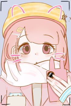 1girl :o animal_ears beret blue_background breast_pocket cat_ears cellphone chinese_commentary coat collared_shirt commentary_request dot_nose drawn_ears drawn_whiskers grey_shirt hair_ornament hairclip hat highres holding holding_phone lapels light_blush long_hair long_sleeves nikki_(nikki) nikki_(series) notched_lapels open_clothes open_coat open_mouth peaked_lapels phone pink_coat pink_eyes pink_hair pocket scarf shining_nikki shirt signature simple_background sleeves_past_wrists smartphone solo straight_hair striped_clothes striped_headwear surprised upper_body viewfinder white_scarf winter_clothes x_hair_ornament yellow_hat zuotian_you_jitian_iii