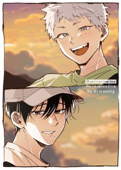 2boys baseball_cap black_hair blush border commentary_request fang green_shirt grey_eyes hat highres hikaru_ga_shinda_natsu indou_hikaru looking_at_another male_focus mole mole_on_cheek mole_on_neck mole_under_eye mole_under_mouth multiple_boys multiple_moles nerinerinerino open_mouth orange_sky scar scar_on_neck shirt short_eyebrows short_hair sky smile sunset teeth tsujinaka_yoshiki twitter_username white_border white_hair white_shirt