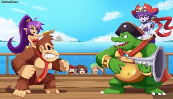 3girls 4boys blue_eyes bra bracelet breasts brown_hair cape colored_skin crocodilian crossover dark-skinned_female dark_skin diddy_kong donkey_kong donkey_kong_(series) donkey_kong_bananza donkey_kong_country_2 gorilla green_hair gun hat highres jewelry king_k._rool medium_breasts monkey multiple_boys multiple_girls necktie nintendo one_piece patdarux pauline_(mario) pauline_(young)_(mario) pirate pirate_hat ponytail purple_hair purple_skin risky_boots roronoa_zoro shantae shantae_(series) short_hair teeth underwear upper_teeth_only weapon wooden_floor