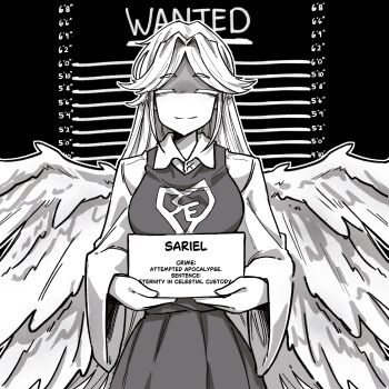 1girl absurdres angel angel_wings character_name dress feathered_wings genderswap genderswap_(otf) greyscale hayoibu height_chart height_mark highres holding holding_sign long_hair long_sleeves monochrome mugshot multiple_wings sariel_(touhou) seraph shirt sign smile touhou touhou_(pc-98) upper_body wanted_poster white_wings wide_sleeves wings