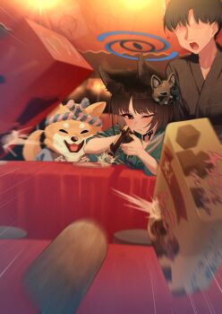 1other 2girls absurdres aiming animal_ear_fluff animal_ears black_eyes black_hair black_kimono blue_archive blue_halo blue_kimono blush cat_ears cat_girl closed_mouth fox_mask gun halo highres holding holding_gun holding_weapon japanese_clothes kikyou_(blue_archive) kimono kivotos_dog_citizen_(blue_archive) mask mask_on_head multiple_girls no_eyes one_eye_closed open_mouth pizza_(pizzania_company) rifle sensei_(blue_archive) shooting_gallery short_hair weapon