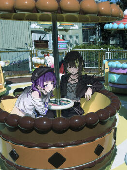 2girls amusement_park beret black_collar black_hair black_hat black_jacket black_nails black_skirt black_thighhighs blonde_streaks chain collar commentary criss-cross_straps cropped_jacket cropped_shirt cross-laced_clothes cross-laced_sleeves diagonal_bangs elbow_rest elbows_on_thighs fingernails grey_shirt hands_on_own_cheeks hands_on_own_face hat highres idolmaster idolmaster_shiny_colors ikaruga_luca jacket long_sleeves looking_at_viewer medium_hair multicolored_hair multiple_girls off-shoulder_shirt off_shoulder open_clothes open_jacket outdoors parted_lips photo_background print_shirt purple_hair shirt single_off_shoulder sitting skirt spinning_teacup streaked_hair symbol-only_commentary takada_(pixiv_97599311) tanaka_mamimi thighhighs twintails white_shirt