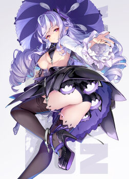 1girl black_panties black_pantyhose black_shoes breasts closed_mouth commentary drill_hair english_text highres holding holding_umbrella hong_(white_spider) long_hair long_sleeves looking_at_viewer looking_back medium_breasts mole mole_under_eye narrowed_eyes panties pantyhose pantyshot patreon_username pointy_ears purple_hair red_eyes sexually_suggestive shoes solo thighhighs thrusters topless_female umbrella underwear upskirt variant_set vivian_banshee zenless_zone_zero