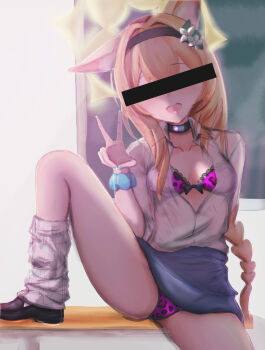 1girl absurdres animal_ear_fluff animal_ears animal_print black_choker black_hairband black_shoes blue_archive blue_eyes blue_nails blue_scrunchie blue_skirt bra breasts cat_ears cat_girl censored censored_identity choker flower gyaru hair_flower hair_ornament hairband halo highres leg_warmers leopard_print long_braid long_hair looking_at_viewer mari_(blue_archive) mizugizoinowaki open_mouth orange_hair panties purple_bra purple_panties scrunchie see-through_clothes see-through_shirt shirt shoes sidelocks skirt solo teeth underwear upper_teeth_only v white_flower white_leg_warmers white_shirt wrist_scrunchie yellow_halo