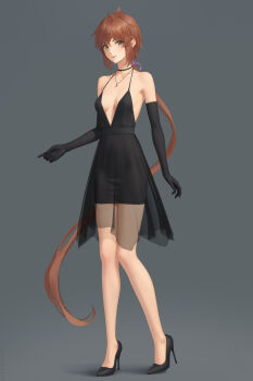 1girl bare_shoulders black_choker black_gloves breasts brown_hair choker dress elbow_gloves gloves grey_background hair_tie high_heels highres jewelry legs lipstick long_hair lora_(xenoblade) makeup medium_breasts miura-n315 necklace pendant ponytail pumps see-through_clothes see-through_dress shoes solo stiletto_heels very_long_hair xenoblade_chronicles_(series) xenoblade_chronicles_2 xenoblade_chronicles_2:_torna_-_the_golden_country yellow_eyes