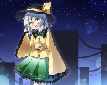 Rule 34 | 1girl, :d, alice (user ugw0166), arm at side, black hat, blush, bright pupils, buttons, commentary request, contrast collar, cowboy shot, diamond button, frilled shirt collar, frilled skirt, frilled sleeves, frills, green eyes, green skirt, grey hair, hair between eyes, hand in own hair, hand up, hat, hat ribbon, highres, komeiji koishi, lens flare, long sleeves, medium hair, open mouth, ribbon, shirt, skirt, smile, solo, standing, teeth, touhou, upper teeth only, white pupils, wide sleeves, yellow ribbon, yellow shirt