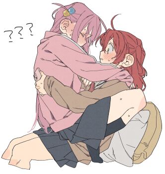 2girls ? ?? blush bocchi_the_rock! closed_eyes cube_hair_ornament dayama gotoh_hitori grabbing_another&#039;s_breast green_eyes groping guided_breast_grab guiding_hand hair_ornament hand_on_another&#039;s_back hand_on_another&#039;s_wrist highres jacket kita_ikuyo long_hair long_sleeves multiple_girls one_side_up pink_hair pink_jacket red_hair school_uniform simple_background skirt straddling sweat track_jacket upright_straddle white_background yuri