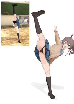 1girl ahoge aogami_high_school_uniform black_panties black_shoes black_socks blue_bow blue_bowtie blue_eyes blue_skirt blush bow bowtie brown_cardigan brown_hair cardigan collared_shirt d5y0m dress_shirt flexible hair_between_eyes highres hololive kneehighs leg_lift leg_up loafers loli long_sleeves looking_at_viewer natsuiro_matsuri open_mouth panties partially_visible_vulva pleated_skirt reference_sheet school_uniform shirt shoes skirt smile socks split standing standing_on_one_leg standing_split underwear v virtual_youtuber white_background white_shirt
