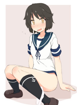 1girl anchor_symbol black_socks blue_neckerchief blush border brown_eyes brown_hair brown_shoes collarbone commentary_request flying_sweatdrops full-face_blush full_body green_sailor_collar kantai_collection kneehighs knees_up kugui_kiyunemu loafers looking_at_viewer medium_hair miyuki_(kancolle) neckerchief no_pants open_mouth outside_border panties panties_around_leg red_background sailor_collar shadow shirt shoes short_sleeves sidelocks simple_background sitting socks solo sweat underwear white_border white_panties white_shirt