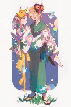 Rule 34 | 1boy, 1girl, artist name, blonde hair, blue background, border, brown hair, carrying, closed eyes, commentary, couple, earrings, fairy, fang, floral print, floral print kimono, flower, full body, green kimono, hair flower, hair ornament, hetero, highres, holding, holding shoes, holding unworn clothes, japanese clothes, jewelry, keaton mask, kimono, link, looking at another, majora (zelda), manodemarina, mask, mask on head, nintendo, obi, open mouth, parted bangs, parted lips, pointy ears, princess carry, princess zelda, print kimono, sandals, sash, shoes, short hair, single bare foot, smile, striped clothes, striped kimono, symbol-only commentary, the legend of zelda, the legend of zelda: majora's mask, the legend of zelda: twilight princess, twitter username, unworn shoes, updo, white border