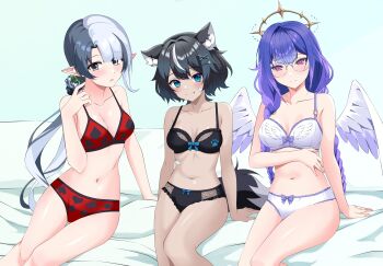 3girls bed bed_sheet belly black_bra black_panties bra commission fangsie_fido highres katya_sable kiniro_tofu leia_memoria looking_at_viewer multiple_girls navel panties red_bra red_panties simple_background sitting underwear underwear_only variance_project virtual_youtuber white_bra white_panties