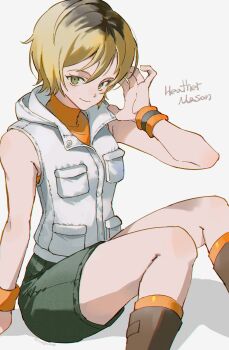 Rule 34 | 1girl, bare shoulders, black roots, blonde hair, boots, breasts, brown boots, character name, closed mouth, green eyes, green shorts, haejeo1008, hair between eyes, hand in own hair, heather mason, highres, looking at viewer, medium breasts, orange shirt, orange socks, shirt, short hair, shorts, silent hill (series), silent hill 3, sitting, sleeveless, sleeveless turtleneck, smile, socks, solo, turtleneck, veil, white veil, wristband
