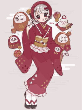 Rule 34 | 1girl, 2026, :d, black sandals, bow, brown sash, calligraphy brush, commentary request, daruma doll, dosukoi (nagihoko), earrings, frilled kimono, frills, full body, grey hair, hair bow, hairband, highres, holding, holding calligraphy brush, holding paintbrush, japanese clothes, jewelry, kimono, long sleeves, looking at viewer, new year, obi, okobo, open mouth, original, paintbrush, platform sandals, red bow, red eyes, red hairband, red kimono, sandals, sash, short hair, smile, socks, solo, standing, tabi, white socks, wide sleeves