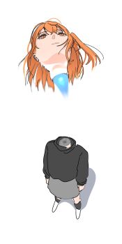 1girl a.i._voice absurdres adachi_rei android disembodied_head empty_eyes highres medium_hair nankawa_rota orange_eyes orange_hair solo sweater thrusters turtleneck turtleneck_sweater white_background